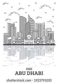 Outline Abu Dhabi United Arab Emirates City Skyline with Modern Buildings and Reflections Isolated on White. Vector Illustration. Abu Dhabi Cityscape with Landmarks. 