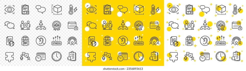 Outline Accounting checklist, Puzzle and Electricity power line icons pack for web with Justice scales, Internet documents, Calendar line icon. Equality, Inclusion, No hearing pictogram icon. Vector