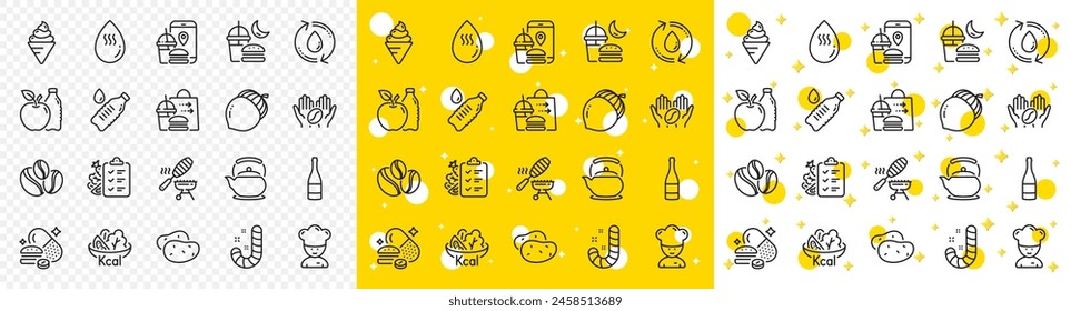 Outline Acorn, Ice cream and Teapot line icons pack for web with Hot water, Champagne bottle, Diet menu line icon. Night eat, Fish grill, Coffee-berry beans pictogram icon. Refill water. Vector