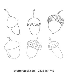 Outline of acorns in different types and sizes for coloring on a white background. Ideal for creative projects and educational activities that inspire imagination!