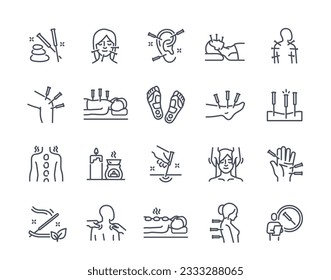 Outline acupuncture icons set. Oriental medicine with spa treatments for body and health care. Stickers with massage, hot stones and aroma sticks. Linear flat vector isolated on white background