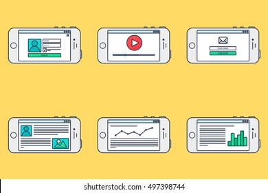 Outline Adaptive Web Phone Template and Gadget Elements for site forms of email subscribe, login to account, watching video, online shopping, blog and infographics on computer. Vector
