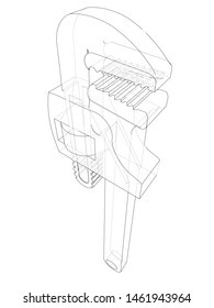 Outline adjustable wrench. Vector rendering of 3d. Wire-frame style. The layers of visible and invisible lines are separated