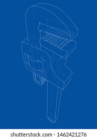 Outline adjustable wrench. Vector rendering of 3d. Wire-frame style. The layers of visible and invisible lines are separated