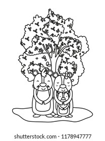 outline adorable bear family animals and tree