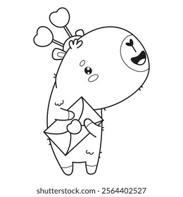 Outline Adorable cartoon capybara holding love letter with heart. Cute romantic kawaii character animal. Line drawing, coloring book. Vector illustration. Kids collection.