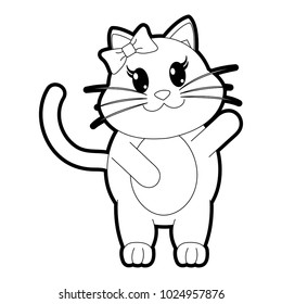 outline adorable female cat animal with hand up