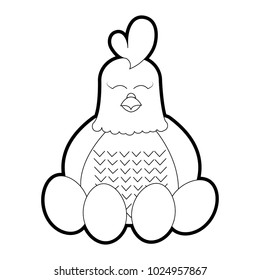 outline adorable hen farm animal with eggs