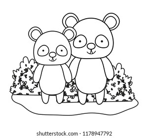 outline adorable pandas wild animals and bushes