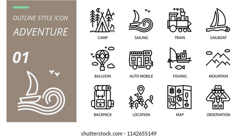 outline adventure icon pack. Icons for adventure, camp, sailing, train, sailing boat, balloon, automobile, mountain,backpack, location, map, observation for websites and mobile websites and apps.