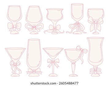 Outline Aesthetic Glasses with Ribbon Bow. Vintage Coquette Drinks and Cocktails set. Romantic Girly Vibe. Isolated Hand drawn art for bachelorette party and wedding invitations. Vector illustration