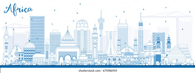Outline Africa Skyline With Famous Landmarks. Vector Illustration. Business Travel And Tourism Concept. Image For Presentation, Banner, Placard And Web Site.