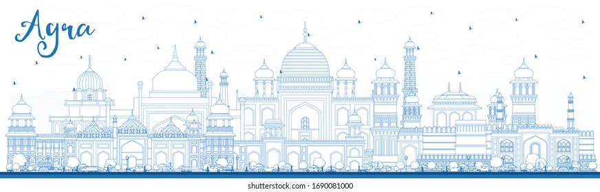 Outline Agra India City Skyline with Blue Buildings. Vector Illustration. Business Travel and Tourism Concept with Historic Architecture. Agra Uttar Pradesh Cityscape with Landmarks.