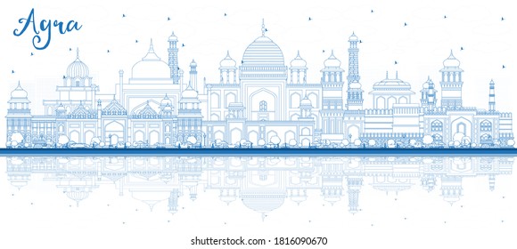 Outline Agra India City Skyline with Blue Buildings and Reflections. Vector Illustration. Business Travel and Tourism Concept with Historic Architecture. Agra Uttar Pradesh Cityscape with Landmarks.