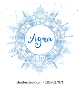 Outline Agra India City Skyline with Blue Buildings and Copy Space. Vector Illustration. Business Travel and Tourism Concept with Historic Architecture. Agra Uttar Pradesh Cityscape with Landmarks.