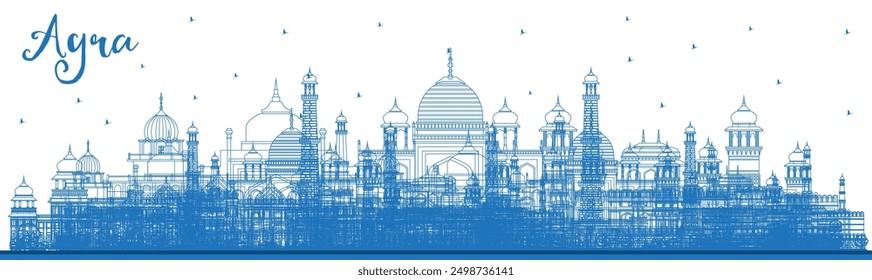 Outline Agra India City Skyline with Blue Buildings. Vector Illustration. Business Travel and Tourism Concept with Historic Architecture. Agra Uttar Pradesh Cityscape with Landmarks.