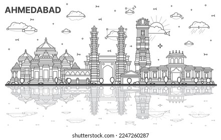 Outline Ahmedabad India City Skyline with Historic Buildings and Reflections Isolated on White. Vector Illustration. Ahmedabad Cityscape with Landmarks.
