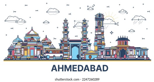 Esbozo de la ciudad de Ahmedabad en India con edificios históricos de colores aislados en blanco. Ilustración vectorial. El paisaje urbano de Ahmedabad con puntos de referencia.