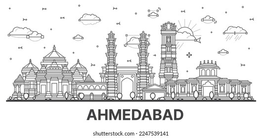 Outline Ahmedabad India City Skyline with Historic Buildings Isolated on White. Vector Illustration. Ahmedabad Cityscape with Landmarks.