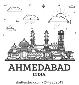 Outline Ahmedabad India City Skyline with Historic Buildings Isolated on White. Vector Illustration. Ahmedabad Cityscape with Landmarks.