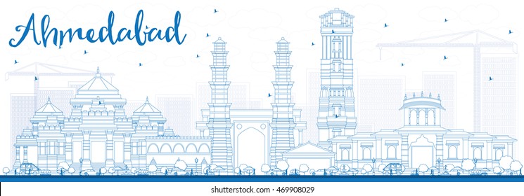 Outline Ahmedabad Skyline with Blue Buildings. Vector Illustration. Business Travel and Tourism Concept with Historic Buildings. Image for Presentation Banner Placard and Web Site.