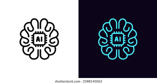 Outline AI brain icon, with editable stroke. Human brain with integrated AI chip, artificial intelligence algorithms. Artificial mind, machine learning, data analysis system, digital education. Vector