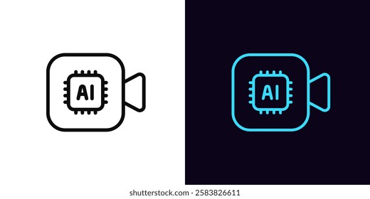 Outline AI camera icon, with editable stroke. AI video processing algorithms. Neural network for generating movie and music clip, artificial intelligence for video content production. Vector icon