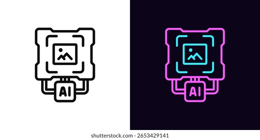 Contornar o ícone do gerador de AI, com traçado editável. Ferramenta de IA para criação de conteúdo gráfico, gerador de imagem. Sistema de IA para geração de imagem por texto de prompt, bate-papo com ferramentas de edição gráfica. Ícone de vetor