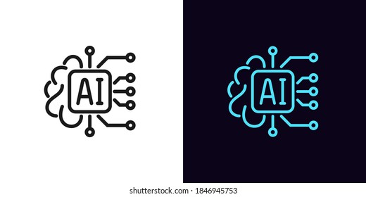 Icono de esquema de IA. Signo de inteligencia artificial lineal con ictus editable, mente digital. Grandes datos, aprendizaje profundo, red neural, cibercerebro. Icono del vector, signo, símbolo para el diseño de la interfaz