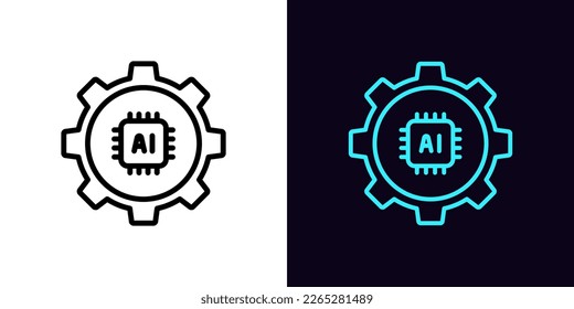 Outline AI settings icon, with editable stroke. Gear wheel frame with microchip sign, artificial intelligence adjustment. AI control tool, smart algorithm setting, system machine learning. Vector icon