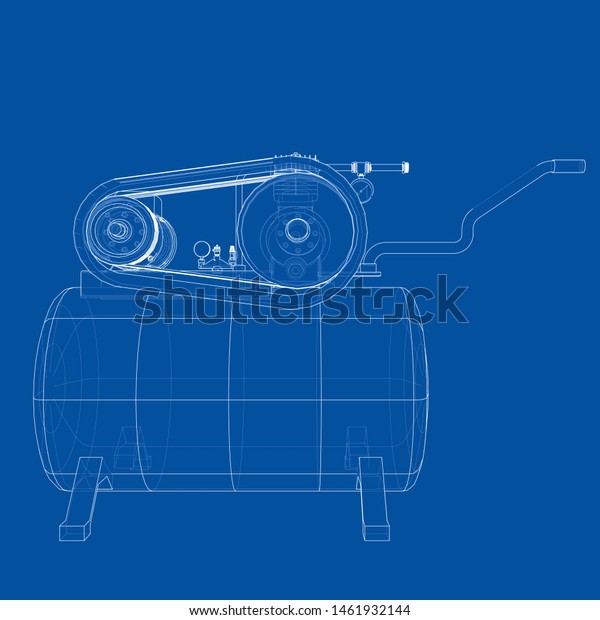 Outline Air compressor. Vector rendering of 3d.\
Wire-frame style. The layers of visible and invisible lines are\
separated