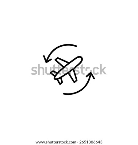 Outline of an airplane with circular refresh arrows, representing flight updates, booking changes, or travel sync.