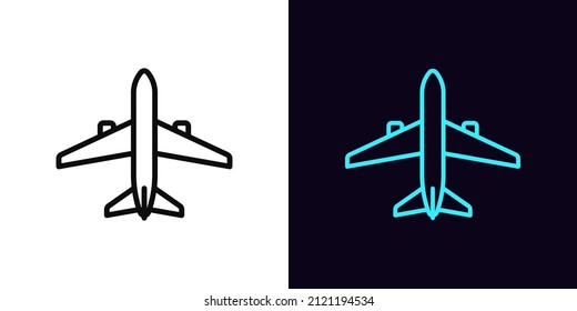 Outline airplane icon, with editable stroke. Linear plane sign, aircraft pictogram. Personal airplane, private jet, air journey and transportation, flight. Vector icon, symbol for UI and Animation