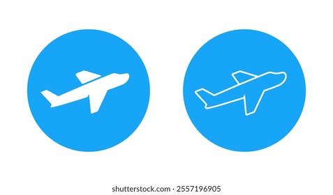 Outline airplane, plane icon on blue circle. Flight sign symbol. Travel concept