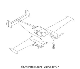 Outline of an airplane with a propeller from black lines isolated on a white background. Isometric view. Vector illustration.