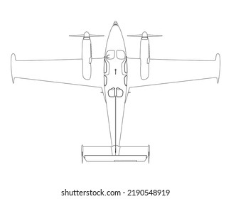 Outline of an airplane with a propeller from black lines isolated on a white background. View from above. Vector illustration.