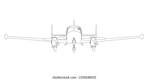 Outline of an airplane with propellers from black lines isolated on a white background. Front view. Vector illustration.