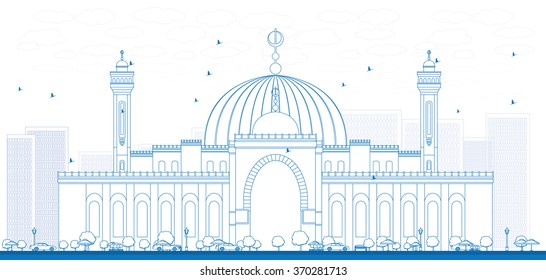 Outline Al Fateh Grand Mosque in Manama City. Bahrain. Vector Illustration.
