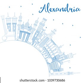 Outline Alexandria Egypt City Skyline with Blue Buildings and Copy Space. Vector Illustration. Business Travel and Tourism Concept with Historic Architecture. Alexandria Cityscape with Landmarks.
