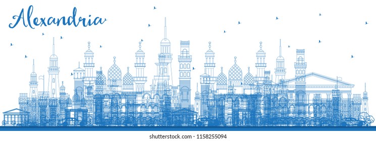 Outline Alexandria Egypt Skyline with Blue Buildings. Vector Illustration. Business Travel and Tourism Concept with Historic Architecture. Alexandria Cityscape with Landmarks.