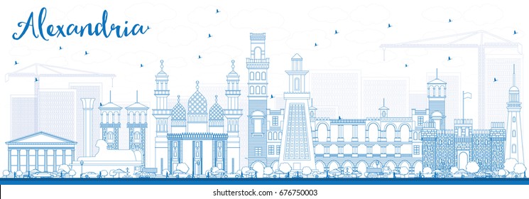 Outline Alexandria Skyline with Blue Buildings. Vector Illustration. Business Travel and Tourism Concept with Historic Architecture. Image for Presentation Banner Placard and Web Site