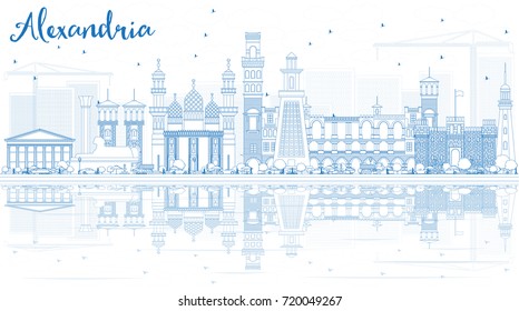 Outline Alexandria Skyline with Blue Buildings and Reflections. Vector Illustration. Business Travel and Tourism Concept with Historic Architecture. Image for Presentation Banner Placard and Web Site