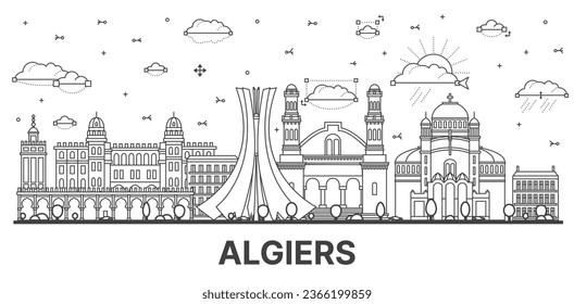 Outline Algiers Algeria city skyline with modern and historic buildings isolated on white. Vector illustration. Algiers cityscape with landmarks.