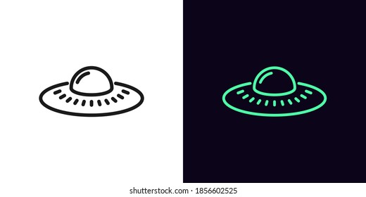 Outline alien UFO, icon with editable stroke. Linear alien spacecraft, UFO spaceship. Space invasion, martian ship, unidentified flying object. Vector icon, sign, symbol for UI and Animation