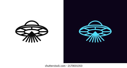 Outline alien UFO icon, with editable stroke. Alien spacecraft with scanning beams, UFO spaceship pictogram. Space invasion, martian ship, unidentified flying object. Vector icon for UI and Animation