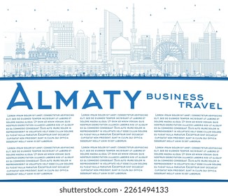 Outline Almaty Kazakhstan City Skyline with Blue Buildings and Copy Space. Vector Illustration. Almaty Cityscape with Landmarks. Business Travel and Tourism Concept with Modern Architecture.