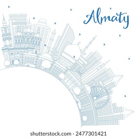 Outline Almaty Kazakhstan City Skyline with Blue Buildings and Copy Space. Vector Illustration. Almaty Cityscape with Landmarks. Business Travel and Tourism Concept with Modern Architecture.