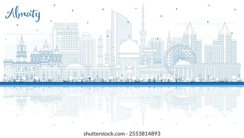 Outline Almaty Kazakhstan City Skyline with Blue Buildings and reflections. Vector Illustration. Almaty Cityscape with Landmarks. Business Travel and Tourism Concept with Modern Architecture.