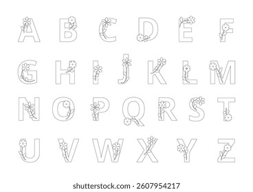 Outline Alphabet with Flowers Simple Vector Set 