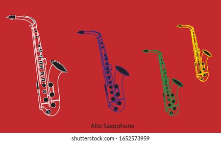 Outline alto saxophones various contours and sizes isolated on vivid red background. Musical instrument for template or art school dictionary illustration